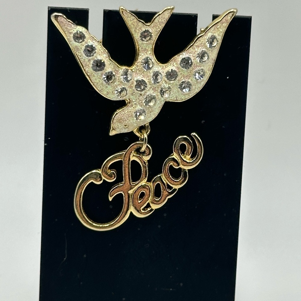 Danecraft Gold Tone Enamel, Rhinestone Dove & Peace Charm Dangle Brooch